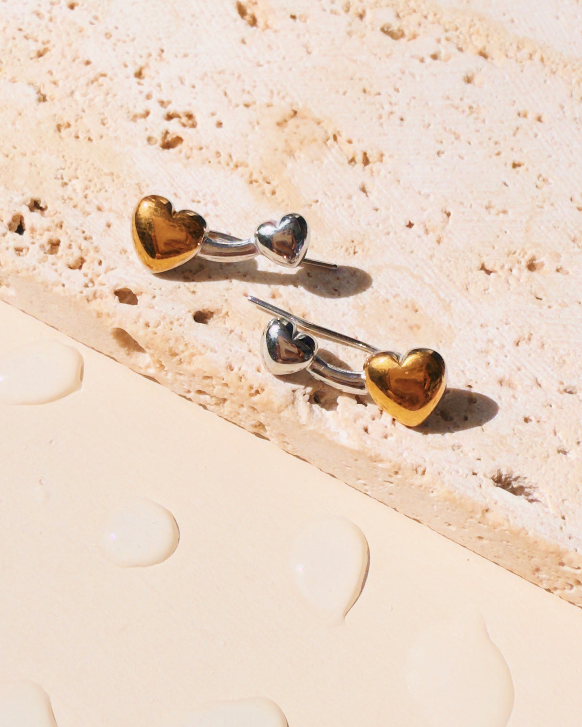 Olenna Two Tone Big Gold Heart Small Silver Heart Climber Design Stud Earrings