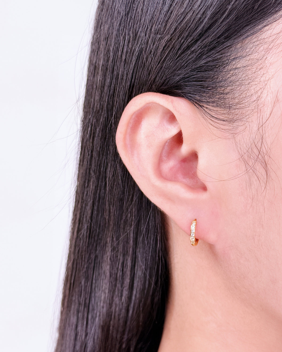 Cath (Bundle Set) 3 Pairs Zircon Paved Small Hollow Oval Shaped Gold Studs Zircon Paved Thin Round Gold Huggies U-Shaped Flat Gold Huggies