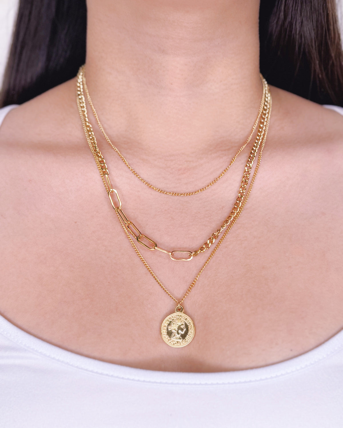 Cheryl Triple Layer Short Thin Curb Chain Paperclip Thick Cuban Chain Long Thin Curb Chain Coin Pendant Gold Necklace