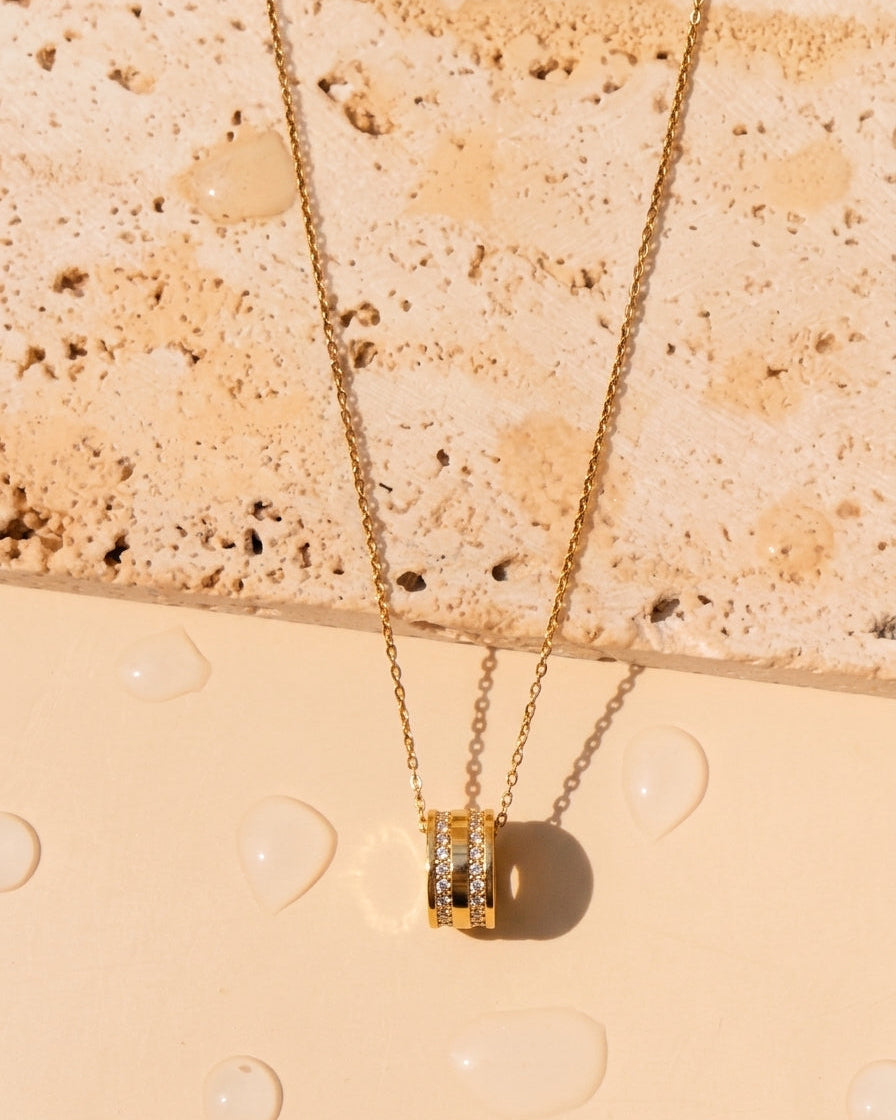 Clairemont Zircon Stripe Inlaid Set Wide Ring Design Pendant Classic Thin Link Chain Gold Necklace