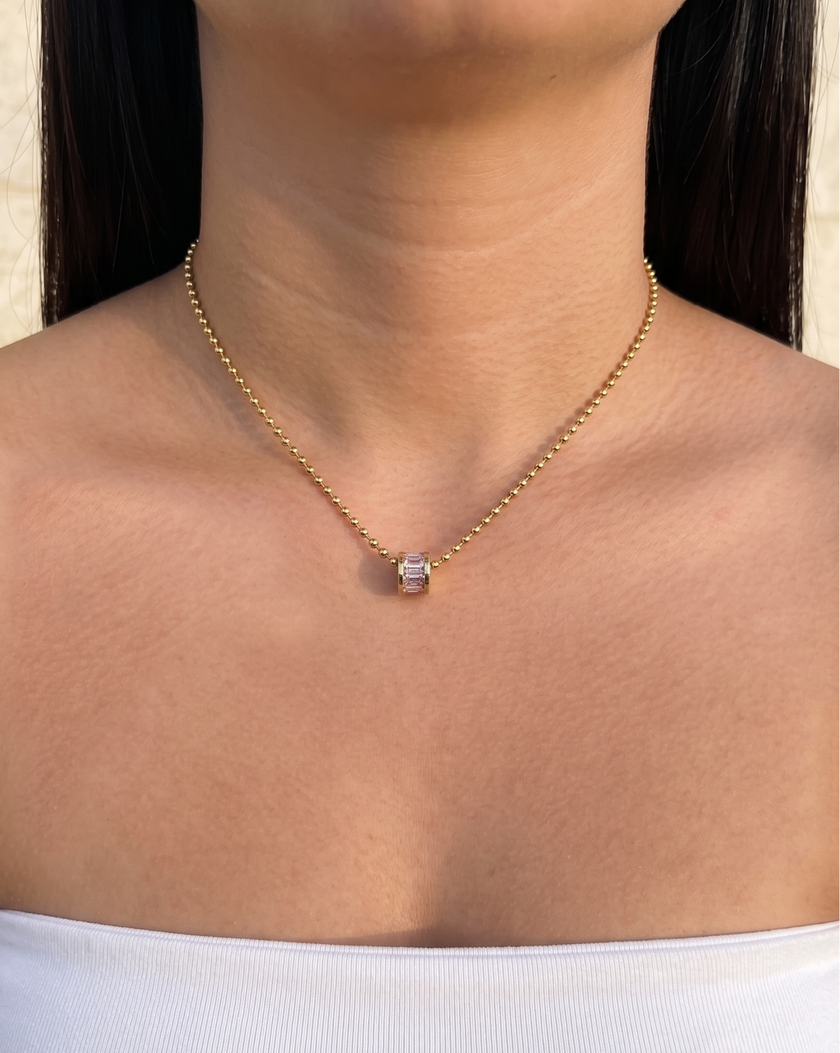 Clarabelle Pink Zircon Inlaid Set Wide Ring Design Pendant Ball Beads Link Chain Gold Necklace