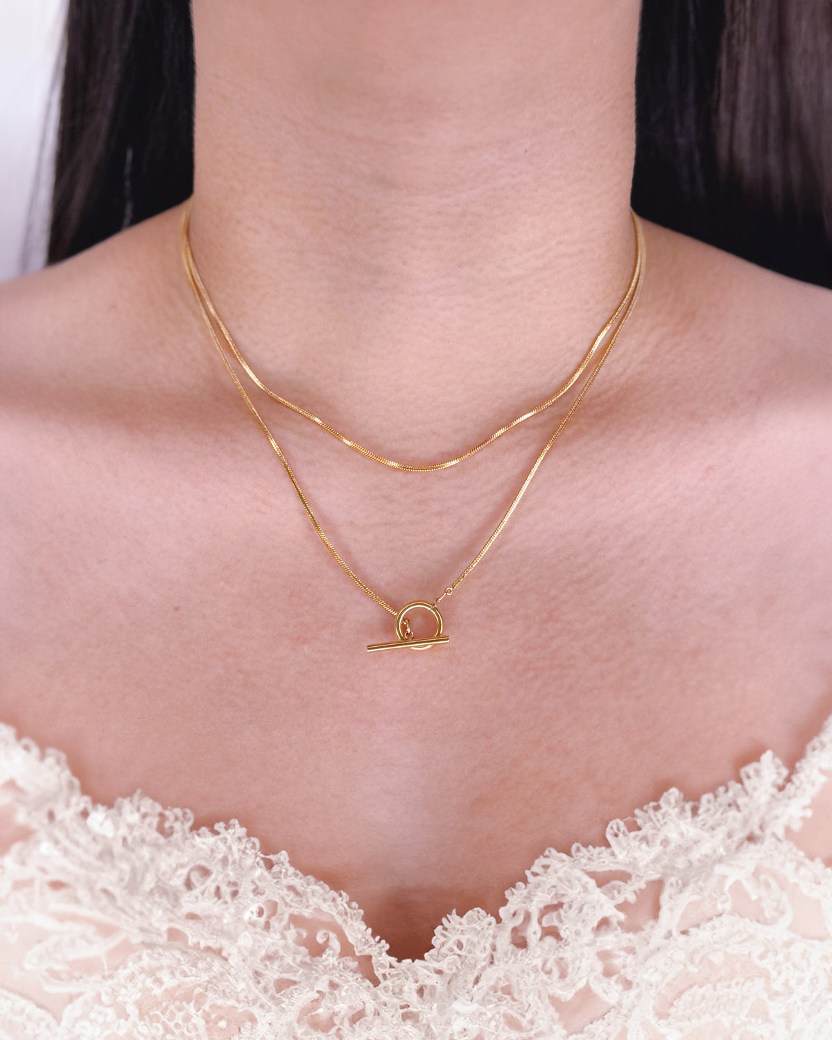 Corinne O/T Lock Pendant Double Layer Overlay Snake Chain Gold Necklace