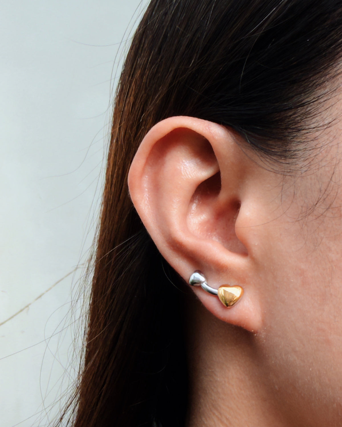 Olenna Two Tone Big Gold Heart Small Silver Heart Climber Design Stud Earrings