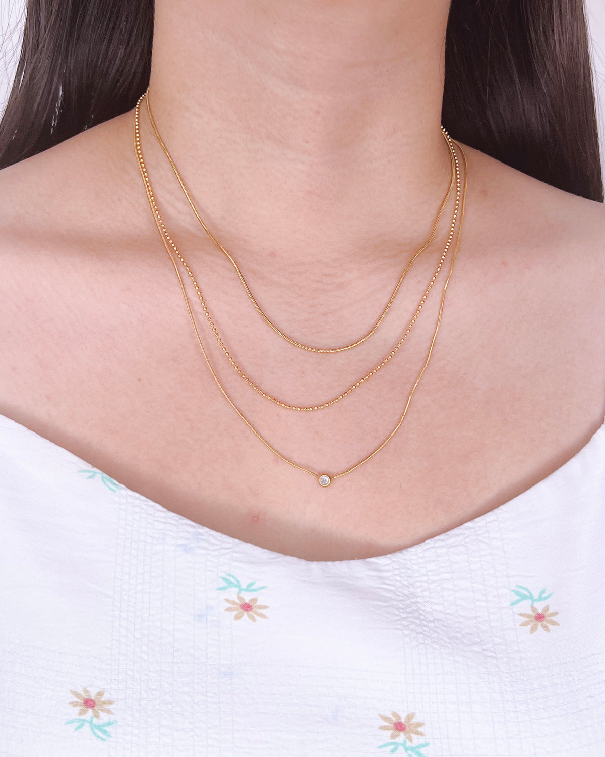 Callie Triple Layer Two Snake Chains Middle Ball Beads Link Chain Round Zircon Pendant Gold Necklace