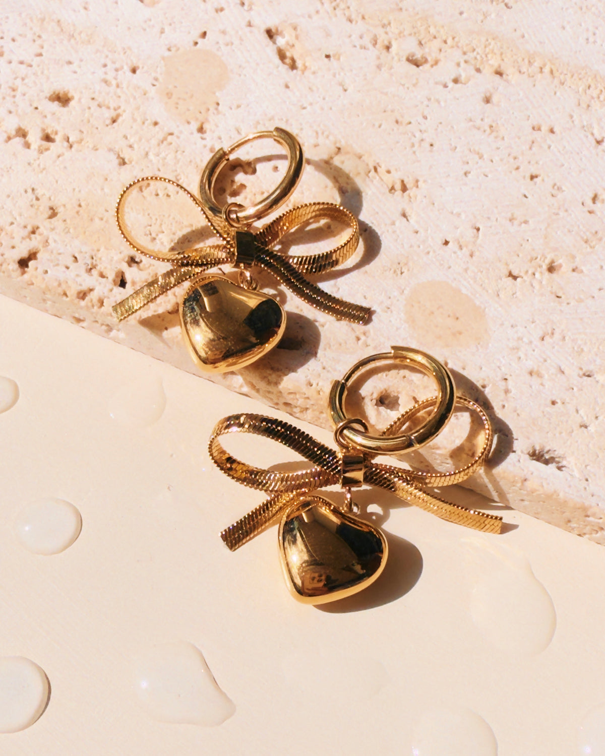 Nana Round Huggies Bow Ribbon Shaped Flat Snake Chain Dangle Heart Shaped Gold Drop Earrings