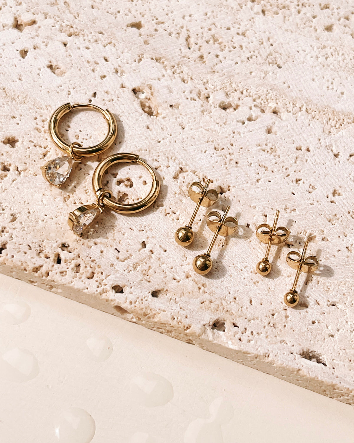 Beth (Bundle Set) 3 Pairs Waterdrop Zircon Huggies Small and Big Round Ball Gold Studs