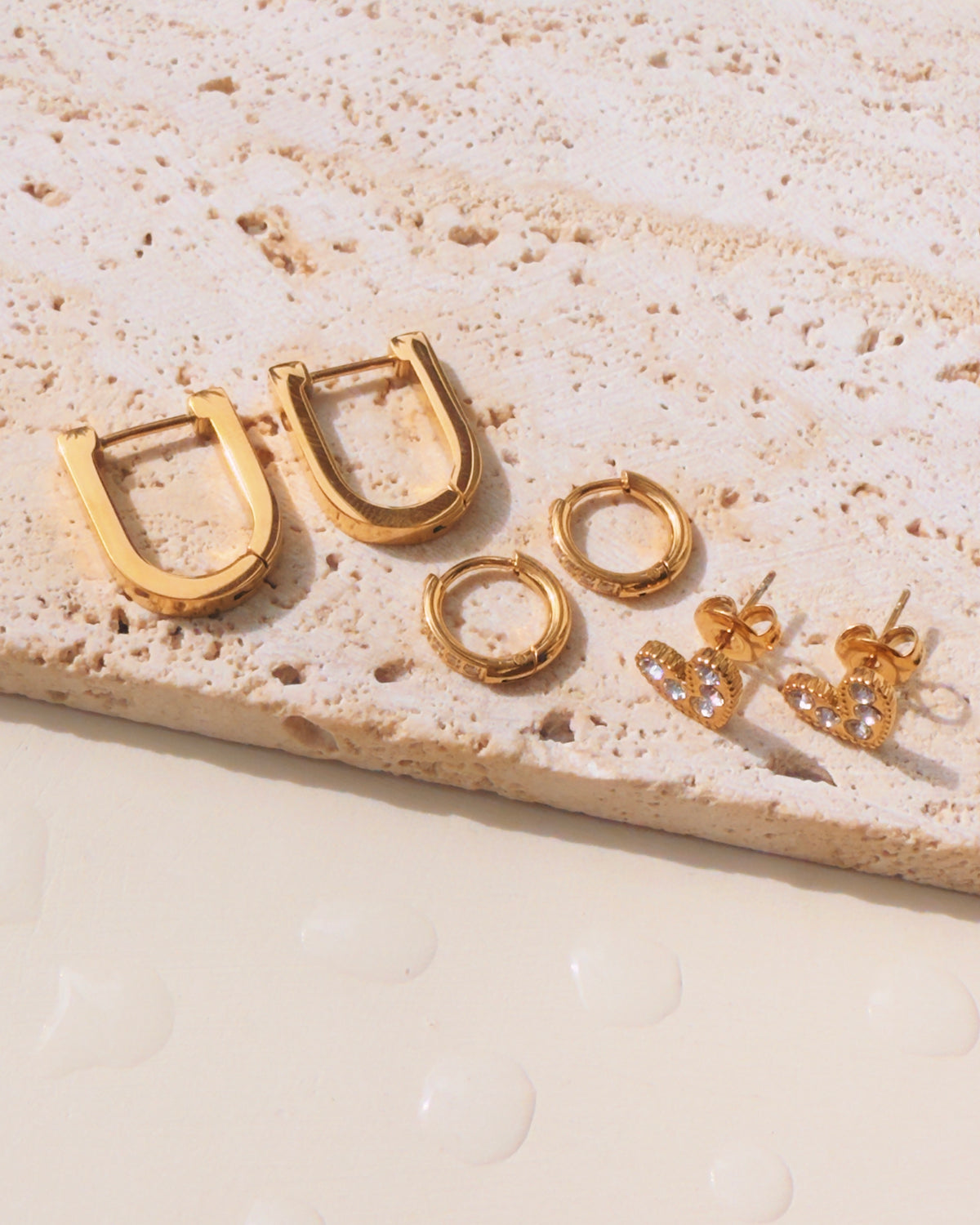 Janice (Bundle Set) 3 Pairs U-Shaped Flat Design Gold Huggies Classic Zircon Paved Round Gold Huggies Zircon Paved Heart Shaped Gold Studs