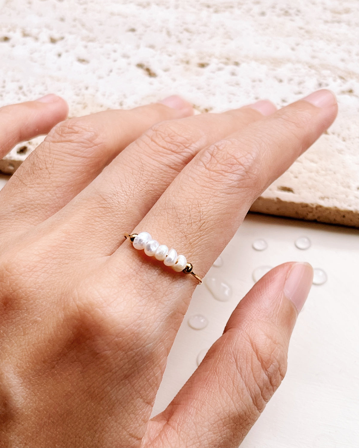 Hallie Tiny Baroque Freshwater Pearl Beads Centerpiece Thin Minimalist Ring