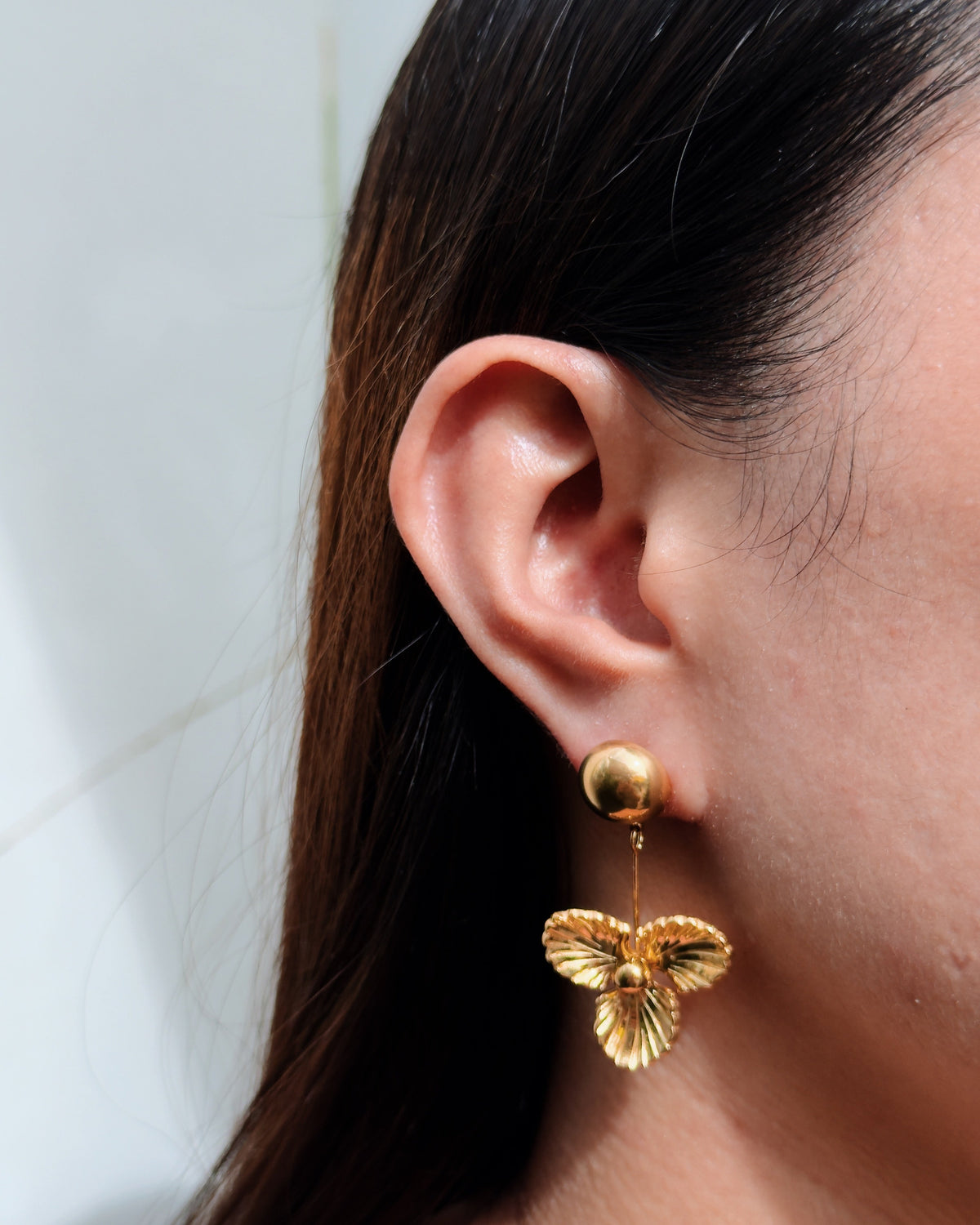 Odella Round Ball Stud Solid Tri Petal Flower Shaped Dangle Gold Drop Earrings