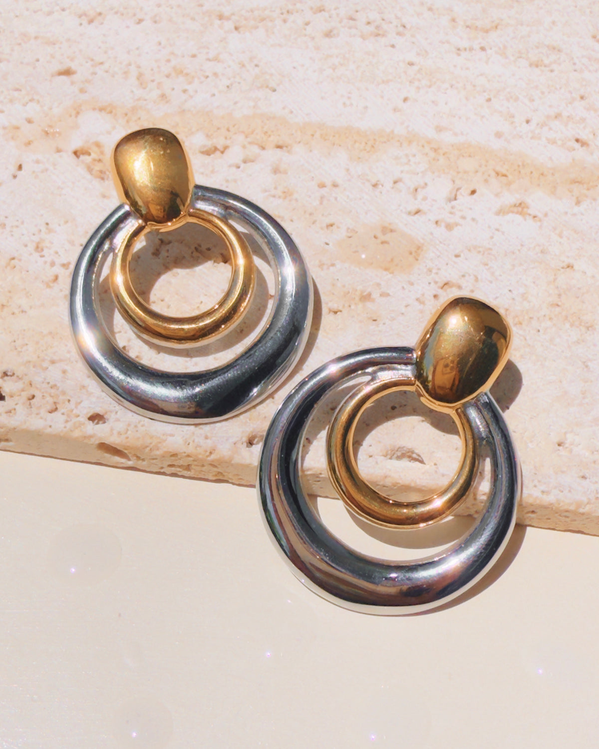 Mira (Two Tone) Double Hollow Ring Small Gold Big Silver Drop Earrings