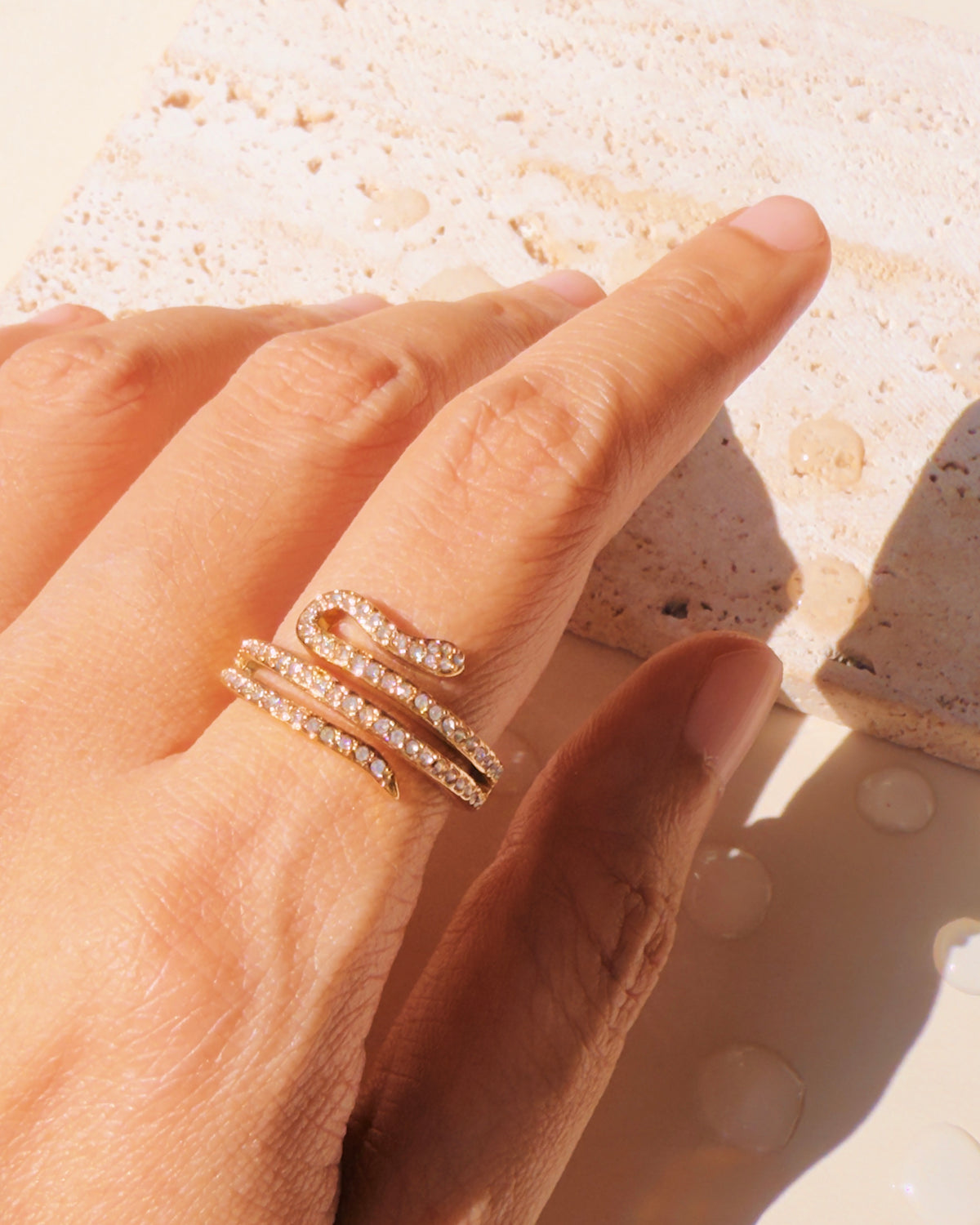 Paz Zircon Paved Snake Head Tail Triple Layer Coiled Design Open Gold Ring