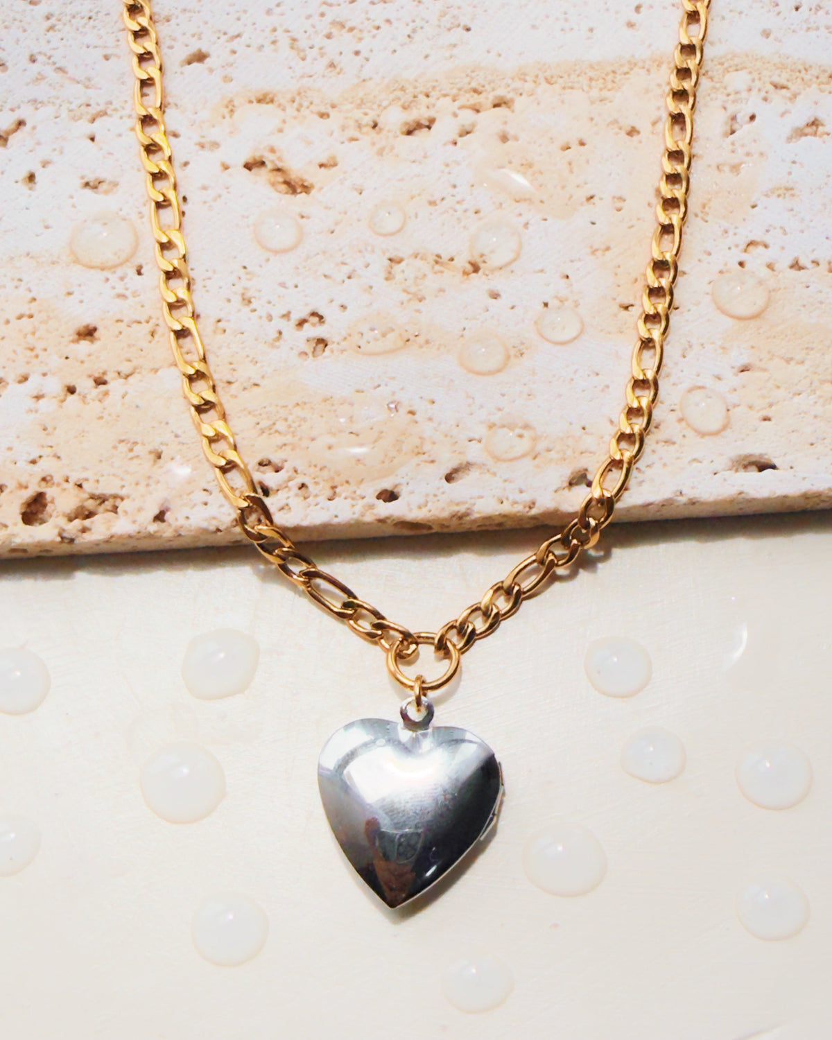 Ondine Two Tone Silver Heart Picture Case Pendant Figaro Chain Gold Necklace