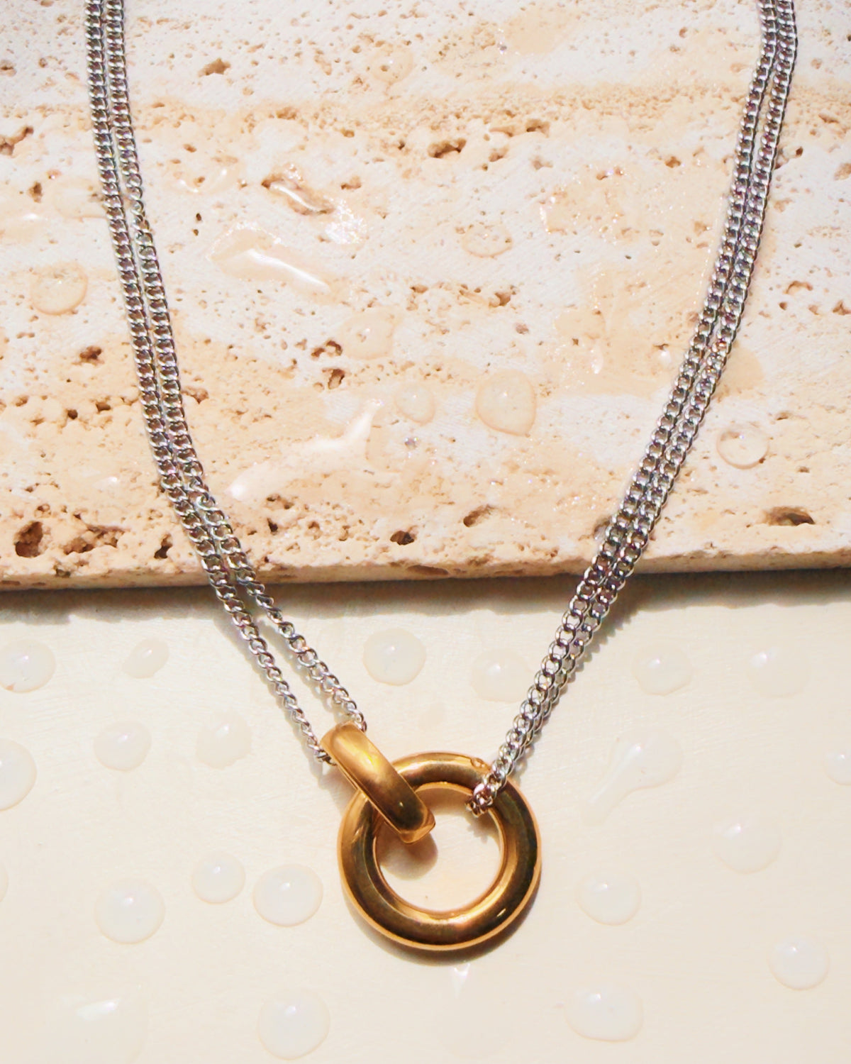 Qianna Two Tone Double Gold Ring Pendants Double Layer Silver Curb Link Chain Necklace