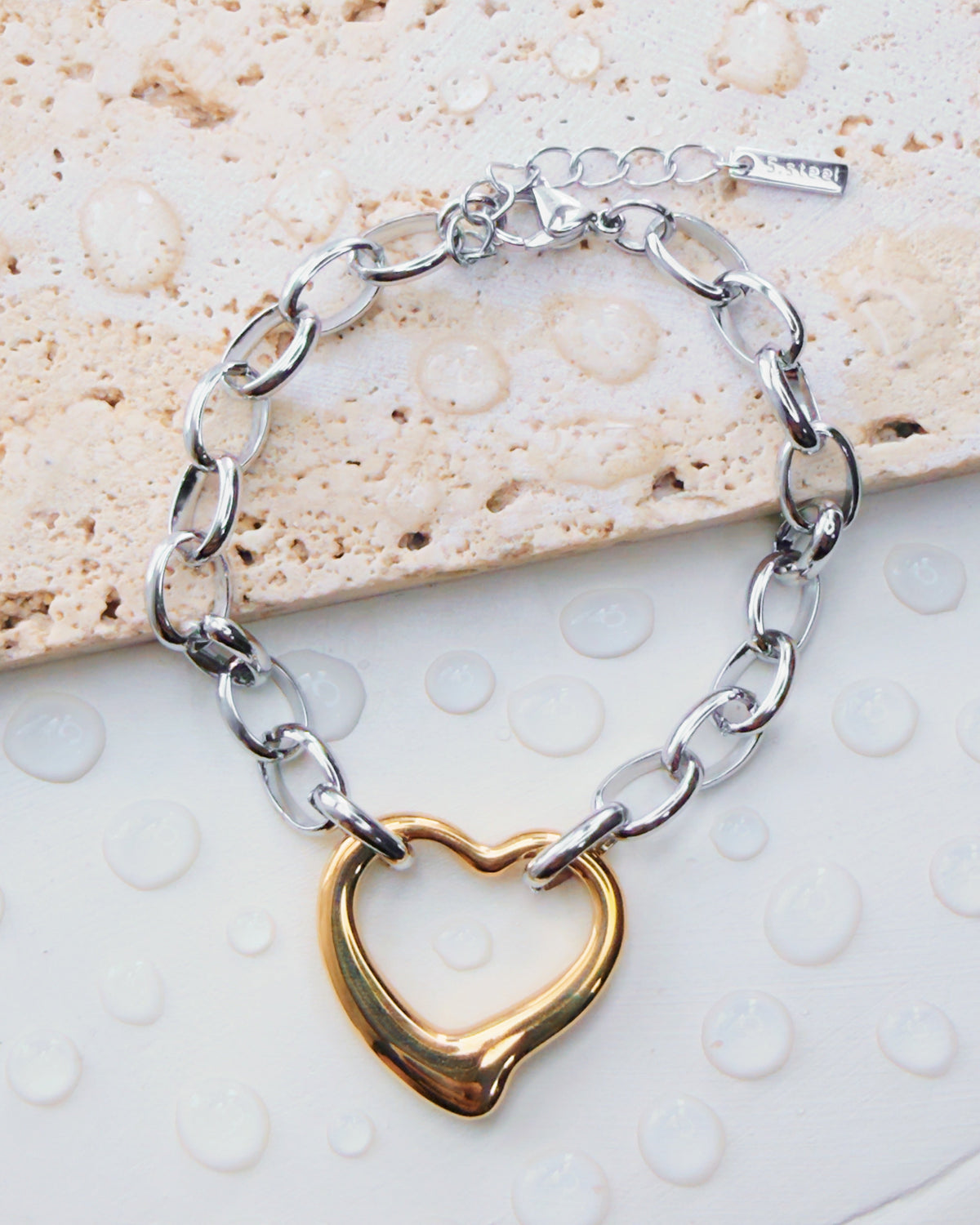 Xavia (Two Tone) Hallow Gold Heart Shaped Pendant Round Big Silver Cable Chain Bracelet