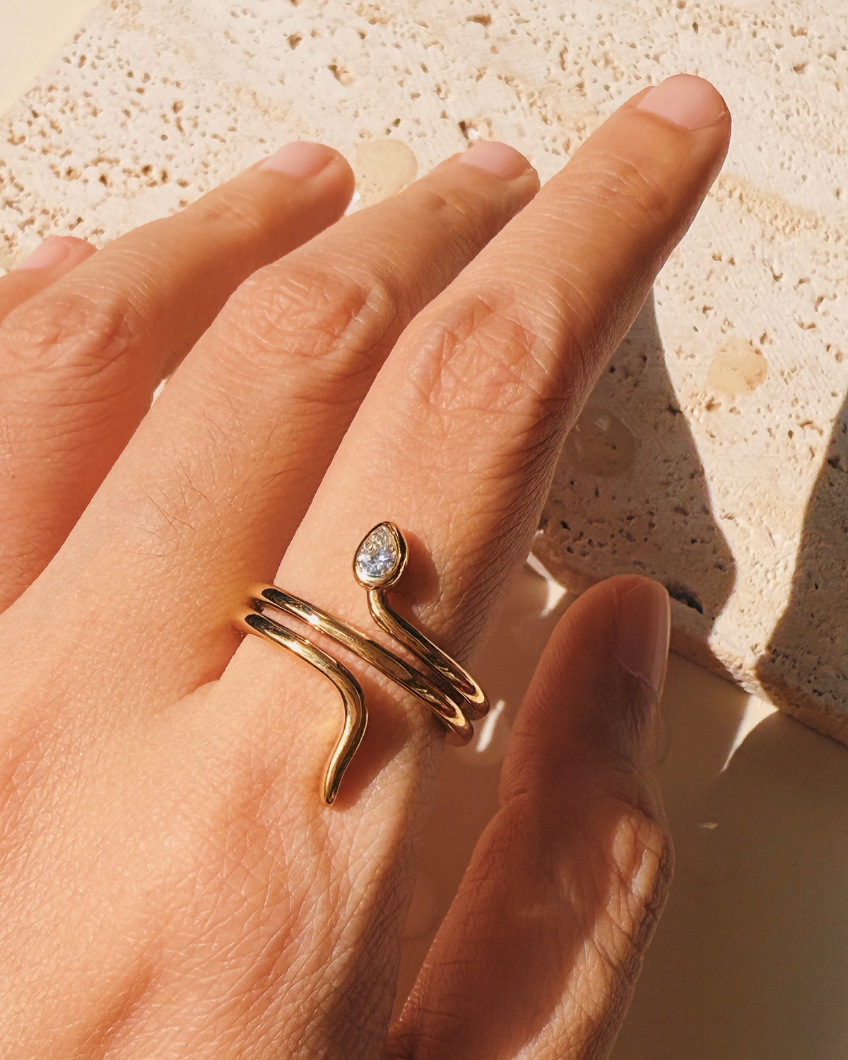 Pamela Zircon Snake Head Triple Layer Coiled Tail Design Open Gold Ring