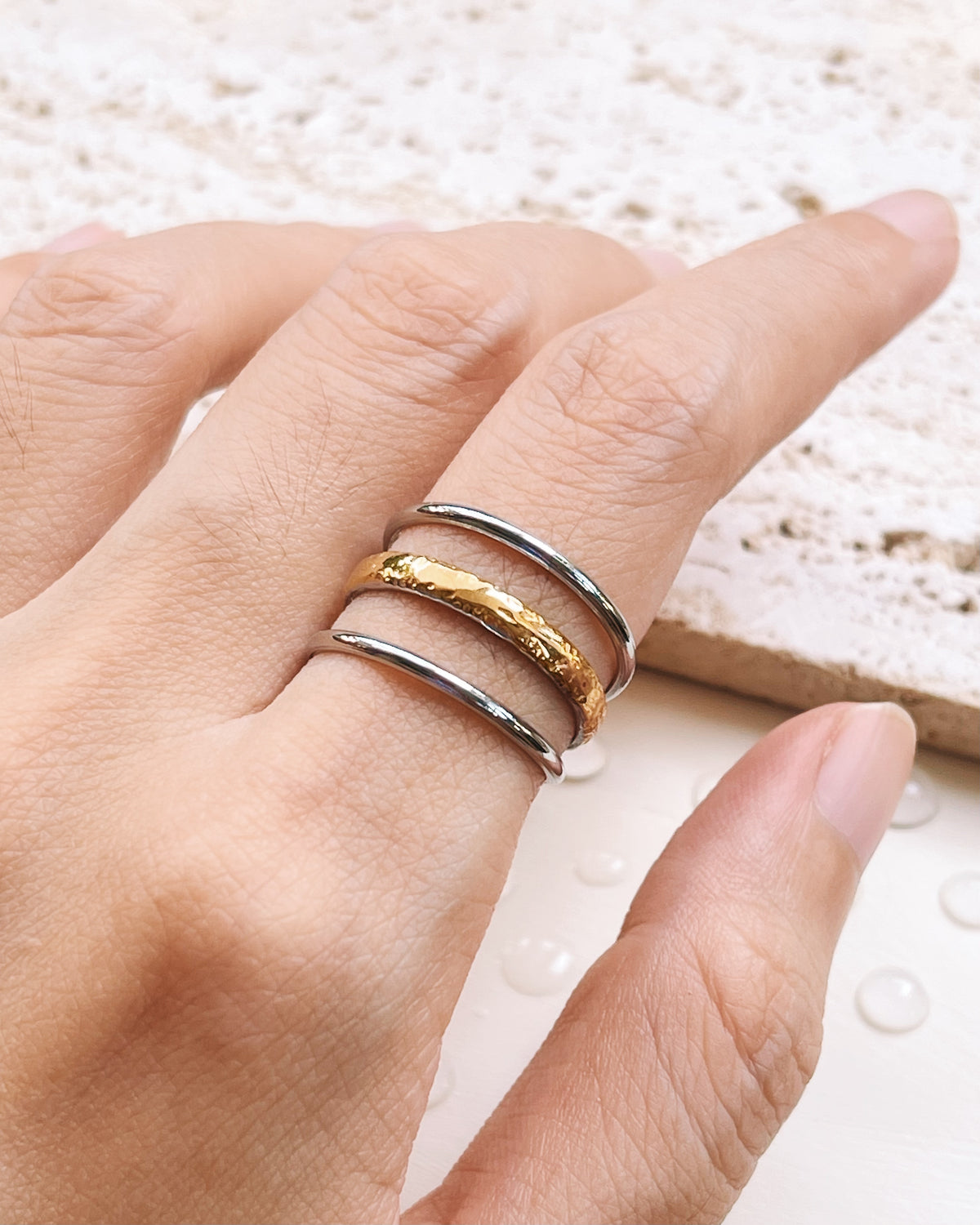 Ivanka (Two Tone) Three Layer Silver and Gold Textured Design Open Ring