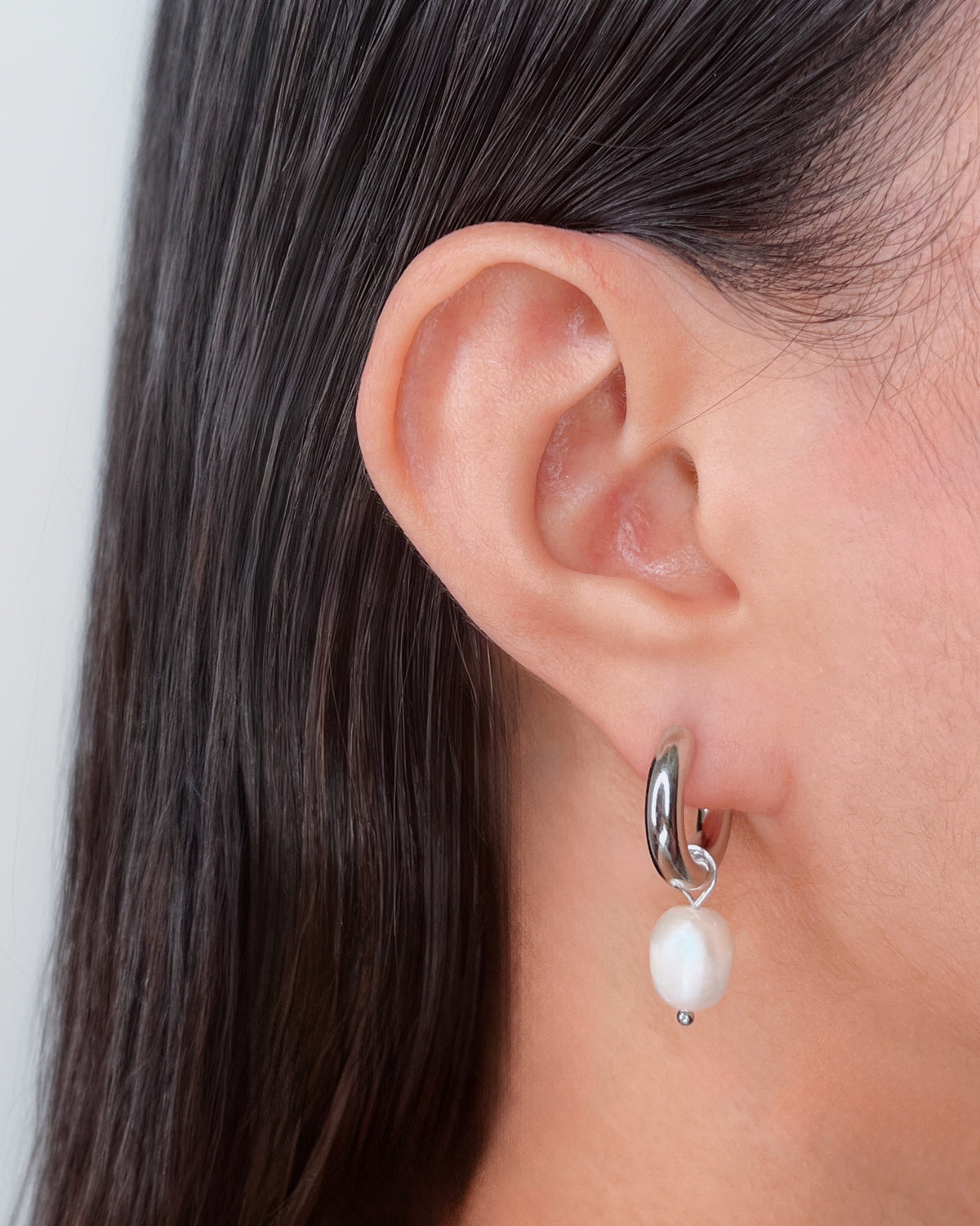 Ivanna (Silver) Classic Round Thick Huggies Baroque Freshwater Pearl Dangle Drop Earrings