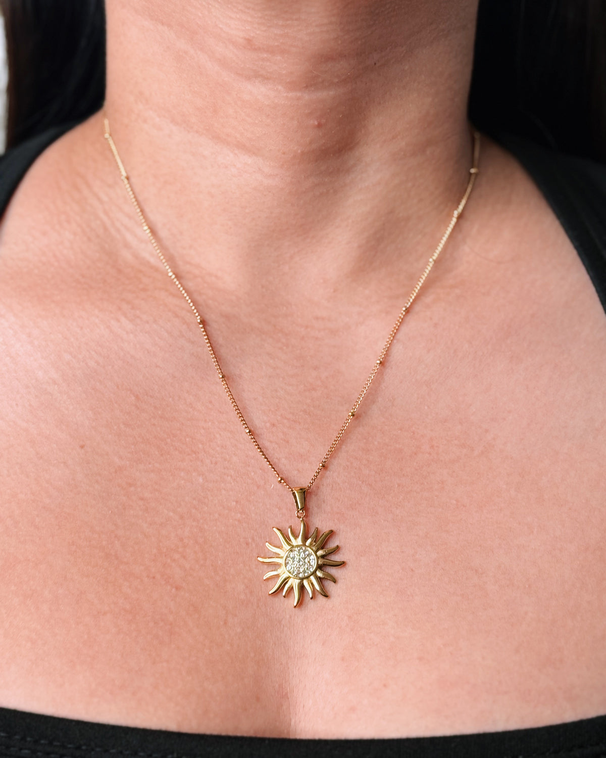 Penelope Zircon Center Solid Sunburst Design Pendant Ball Beaded Thin Curb Link Chain Design Gold Necklace