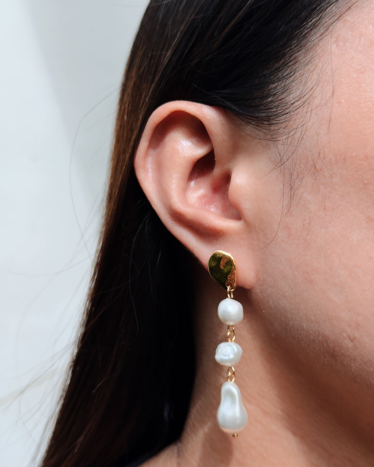 Nadia Melted Design Round Gold Stud Triple Pearl Drop Earrings