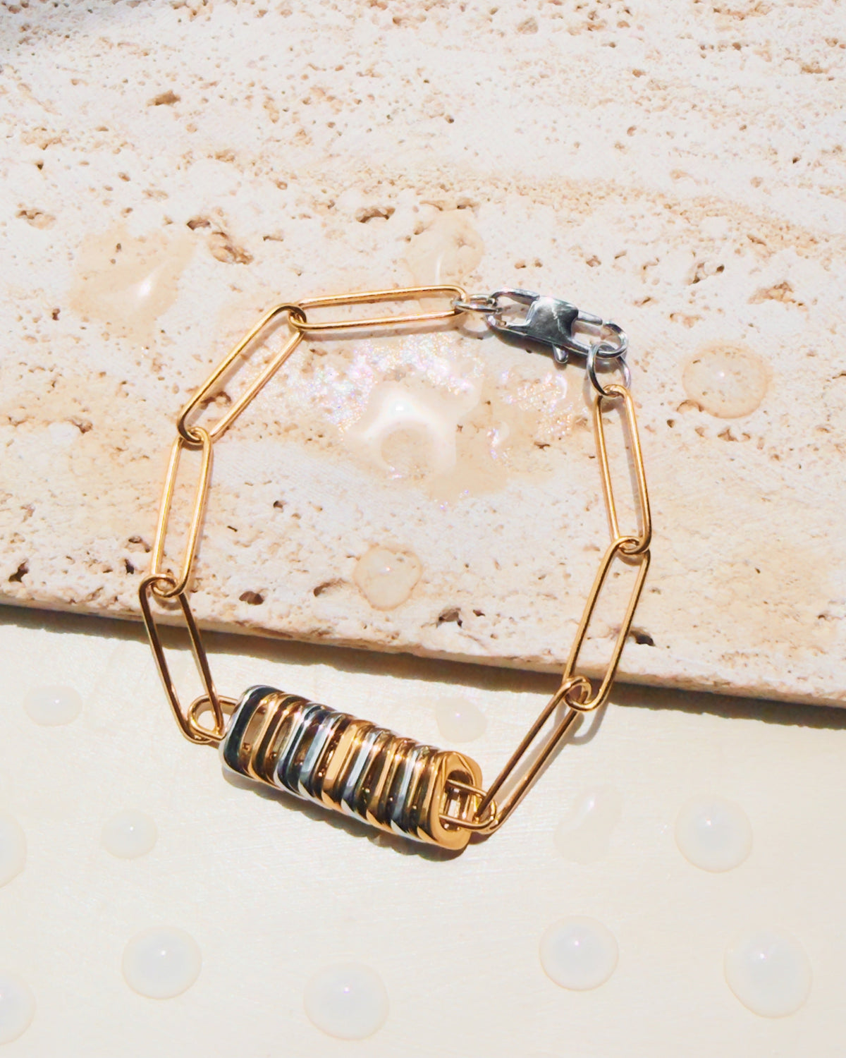 Xibel Two Tone Silver Gold Flat Rounded Square Bars Pendant Thin Big Paperclip Chain Bracelet