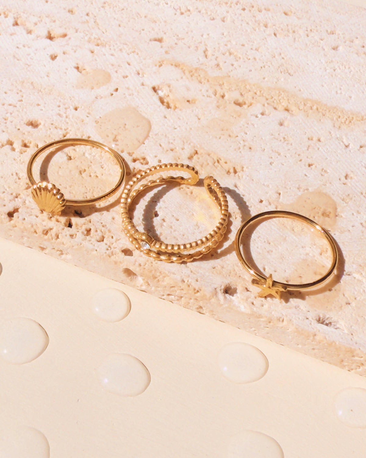 Paloma (Bundle Set) Double Layer Hollow Beads Band Zircon Top Head Design Shell And Starfish Top Head Design Thin Band Stackable Ring