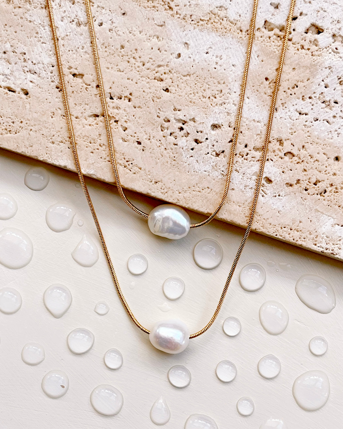 Meredith Double Layer Snake Chain Baroque Freshwater Pearl Pendants Gold Necklace