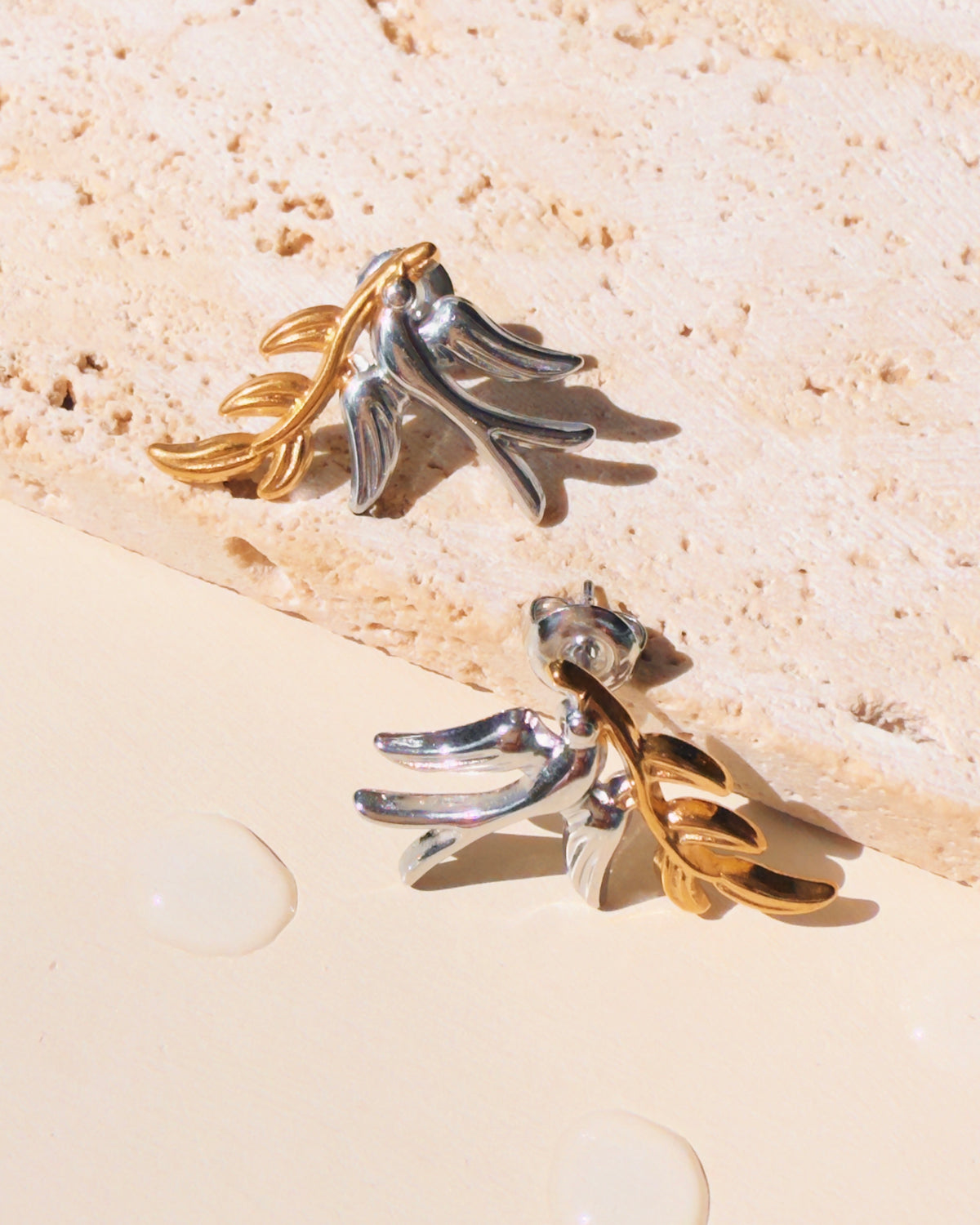 Priyanka Two Tone Silver Dove Gold Leaf Design Studs
