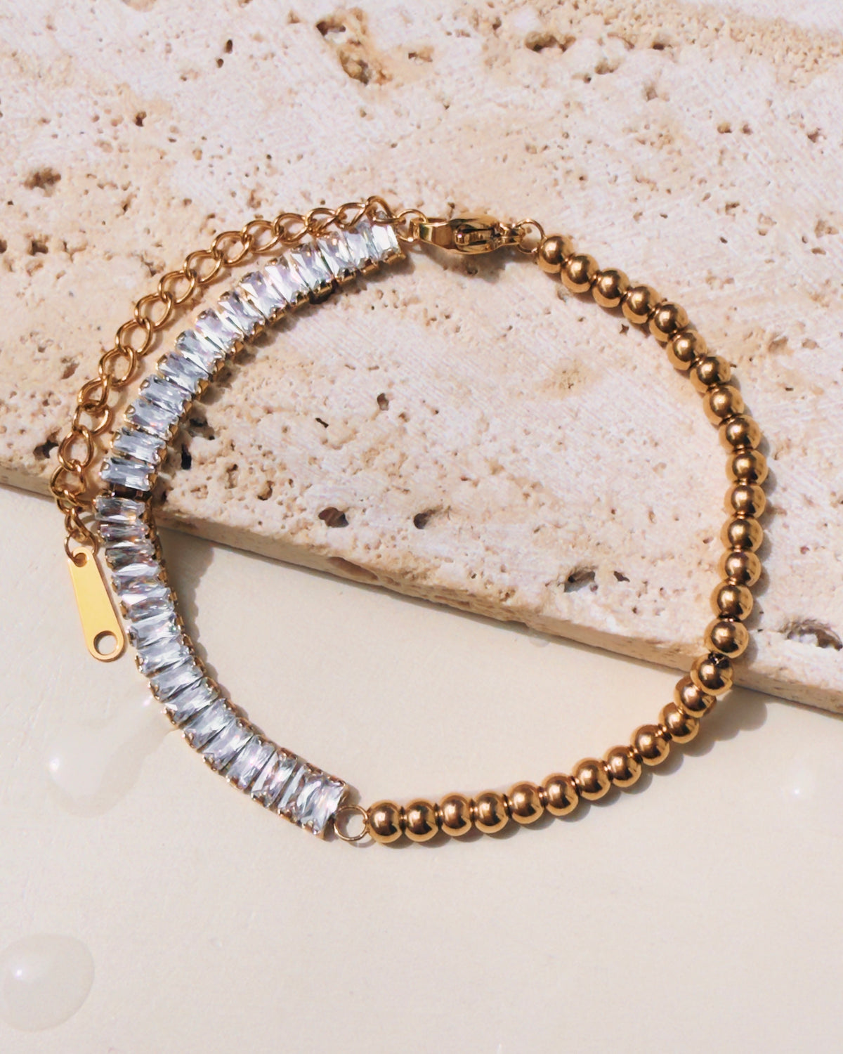 Mercy Dual Design Half Oval Zircon Bezel Set Tennis Chain Half Ball Beads Chain Design Gold Bracelet