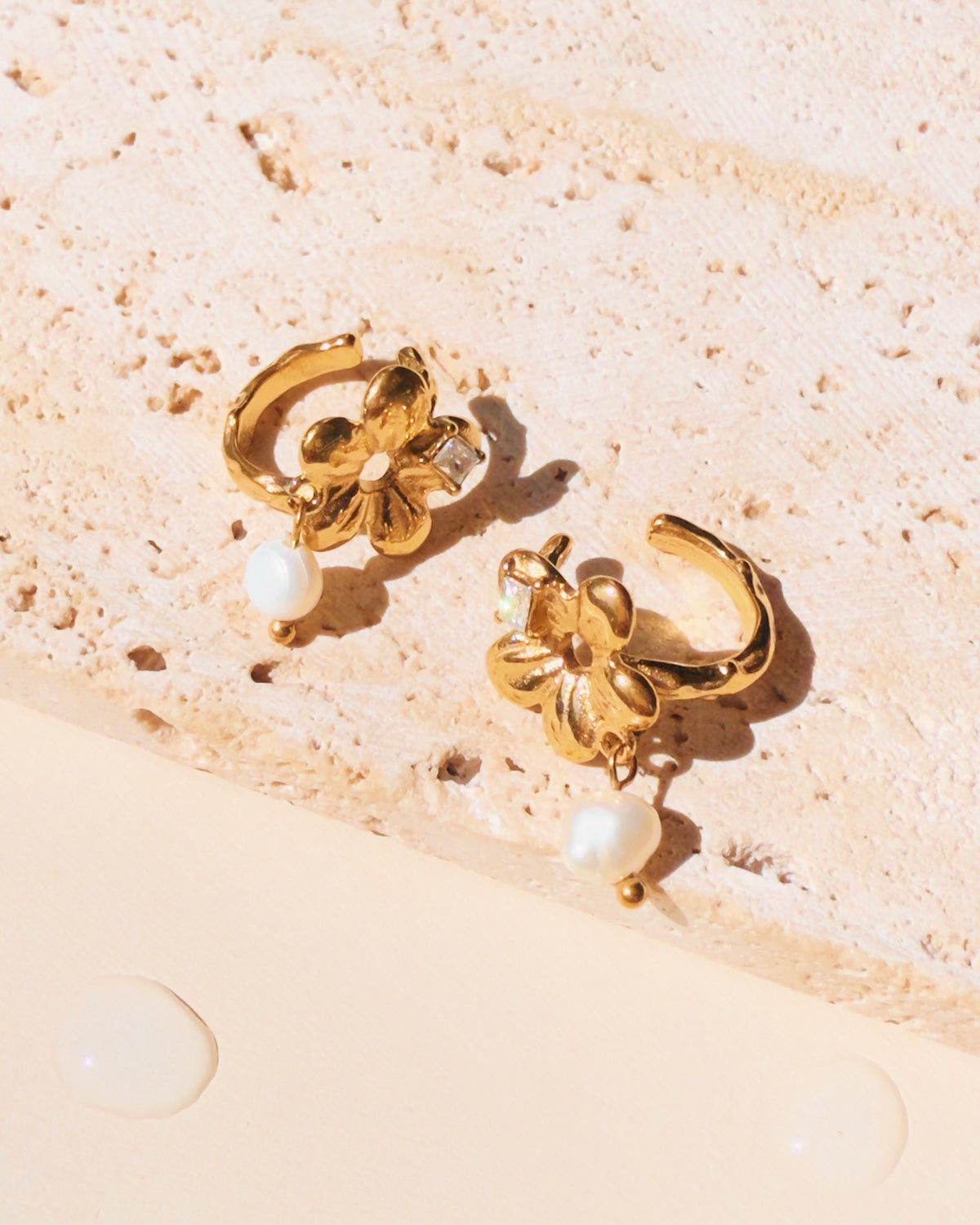 Nessa Textured Carved Flower Shaped Inlaid Rhinestone Pearl Dangle Gold Cuff Earrings