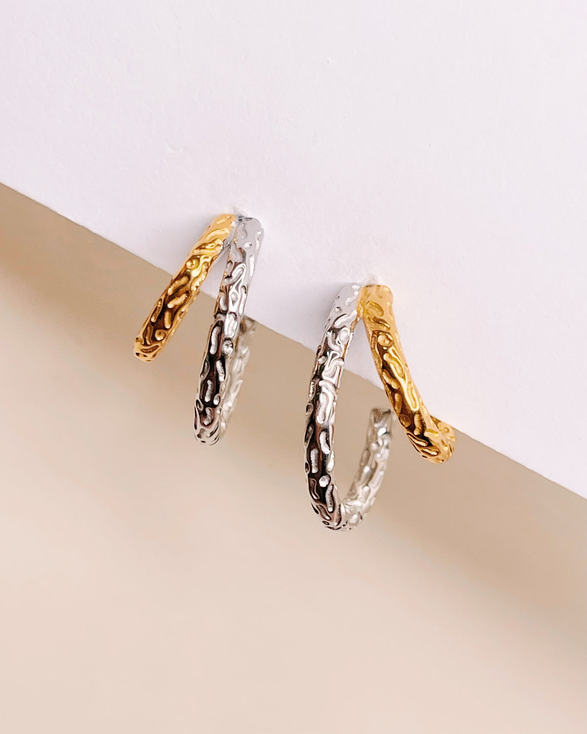 Patricia Dual Textured Two Tone C-Shaped Silver &amp; Gold Layered Look Hoops