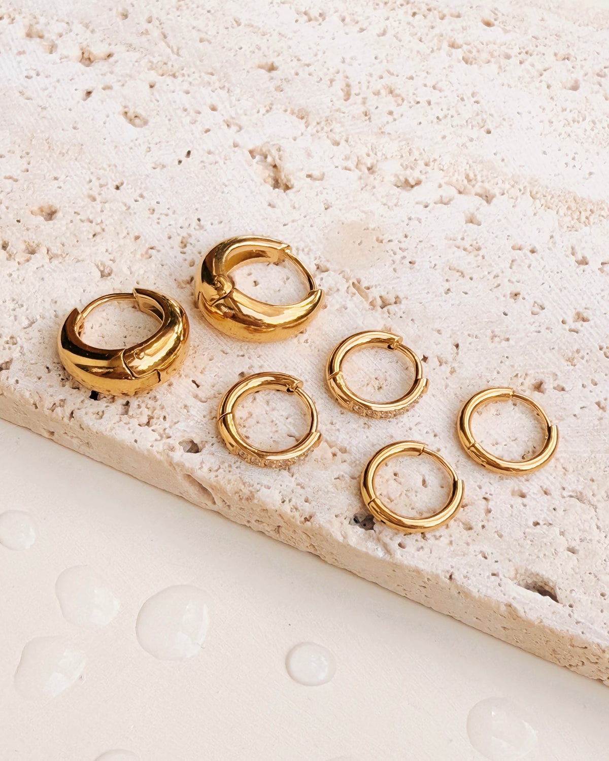 Devon (Bundle Set) 3 Pairs Teardrop Waterdrop Shaped Gold HuggiesClassic Round Zircon Paved Gold Huggies