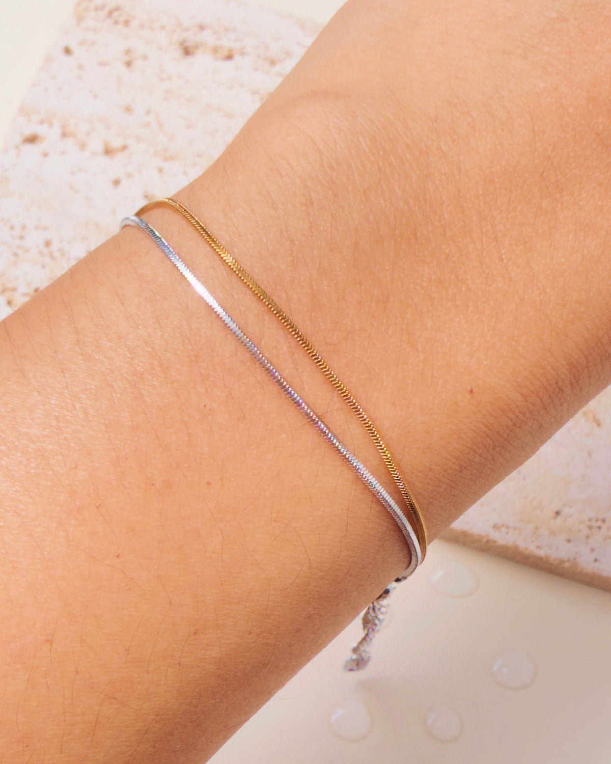 Magdalene (Two Tone) Double Layer Silver Gold Thin Snake Chain Design Bracelet