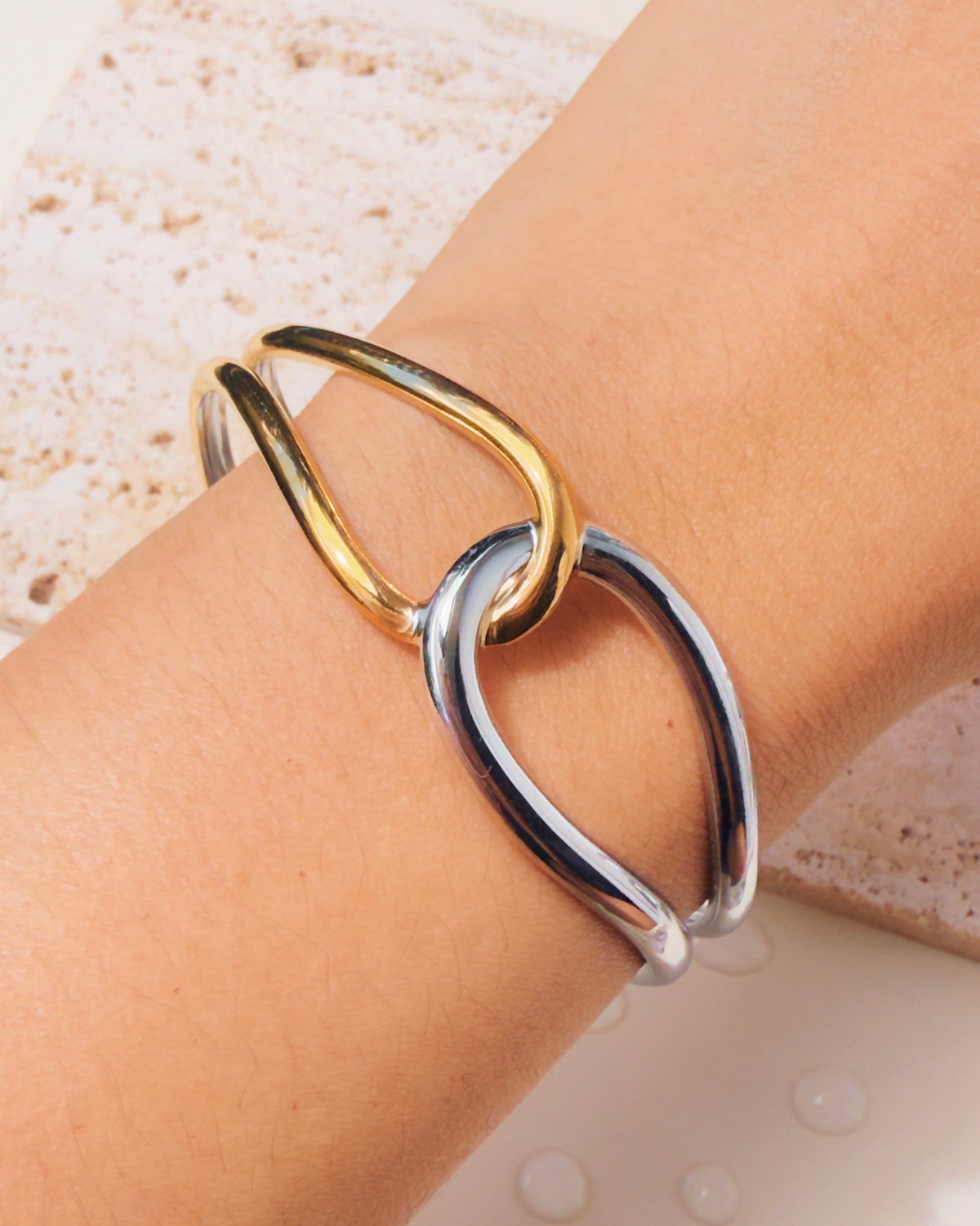 Marcella (Two Tone) Half Silver Half Gold Solid Hollow Knot Design Open Bangle Bracelet