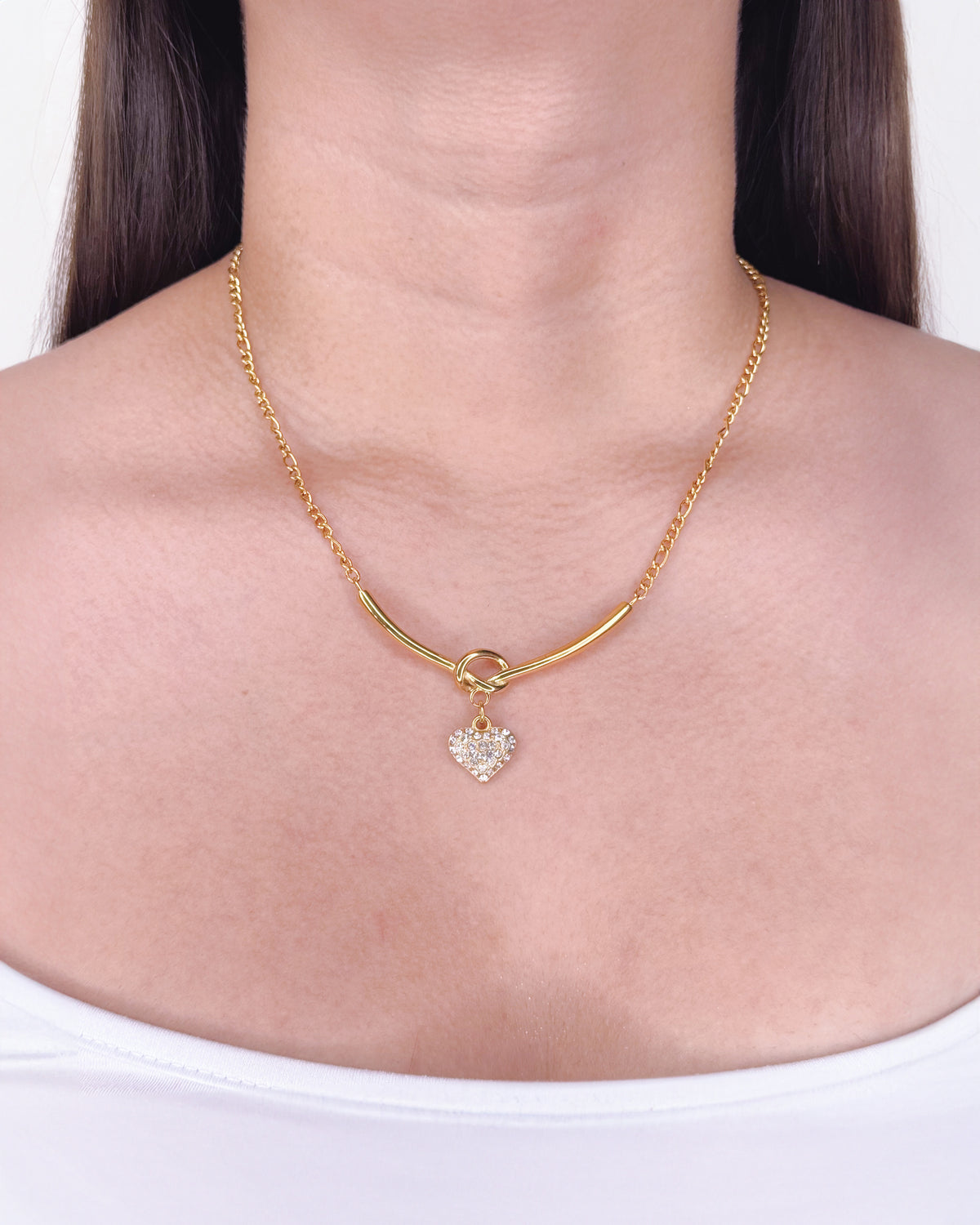 Emmett Figaro Chain V-Shaped Interlaced Long Bar Pendant Zircon Paved Heart Shaped Drop Centerpiece Gold Necklace