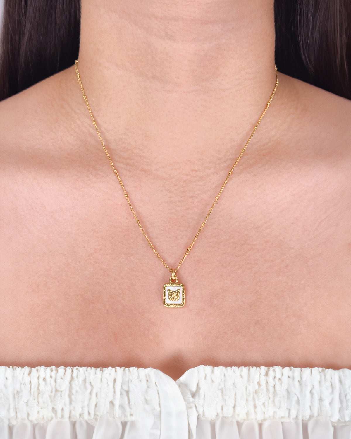 Eula Shell Stone Box Frame Butterfly Carved Pendant Ball Beaded Link Chain Gold Necklace