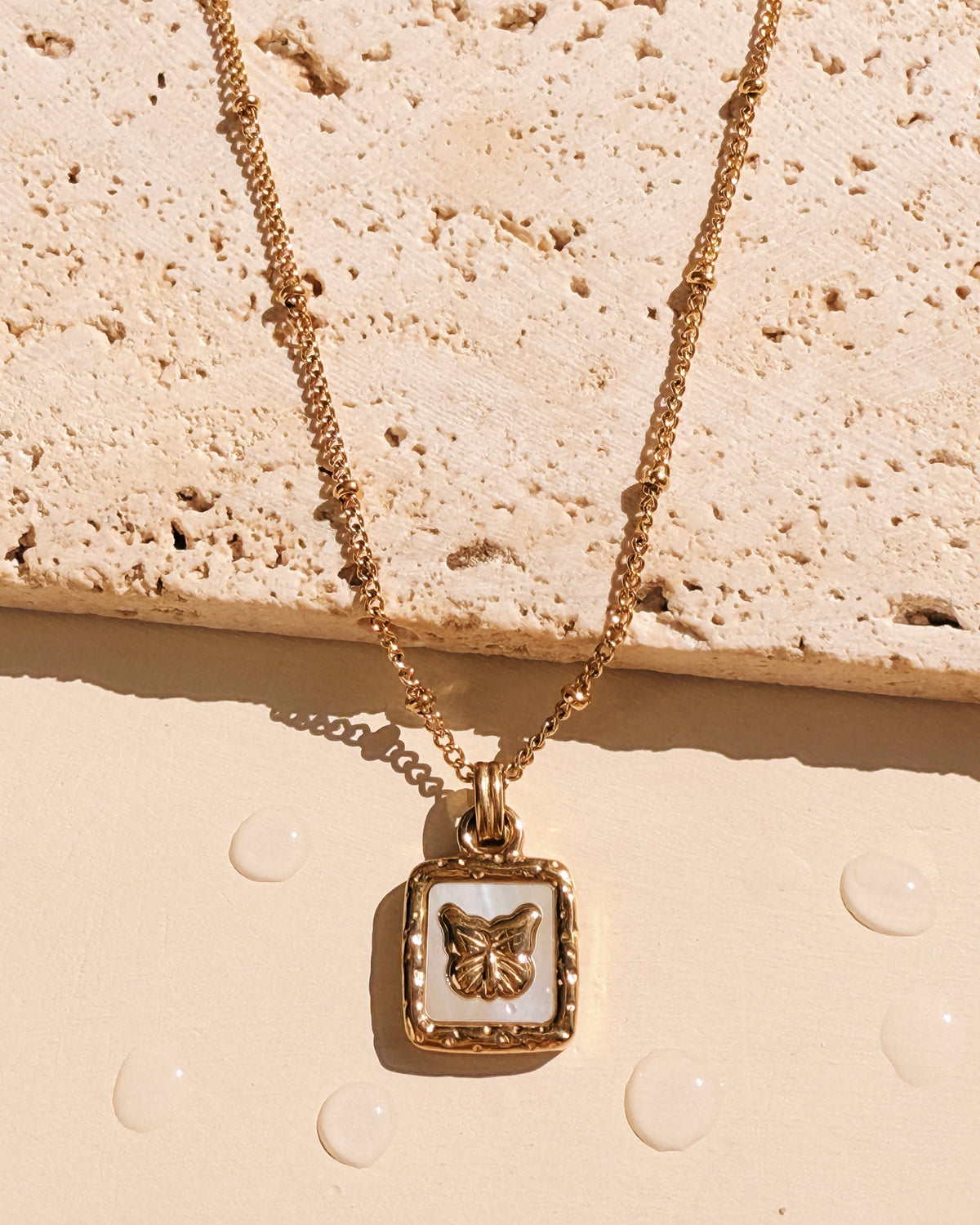 Eula Shell Stone Box Frame Butterfly Carved Pendant Ball Beaded Link Chain Gold Necklace