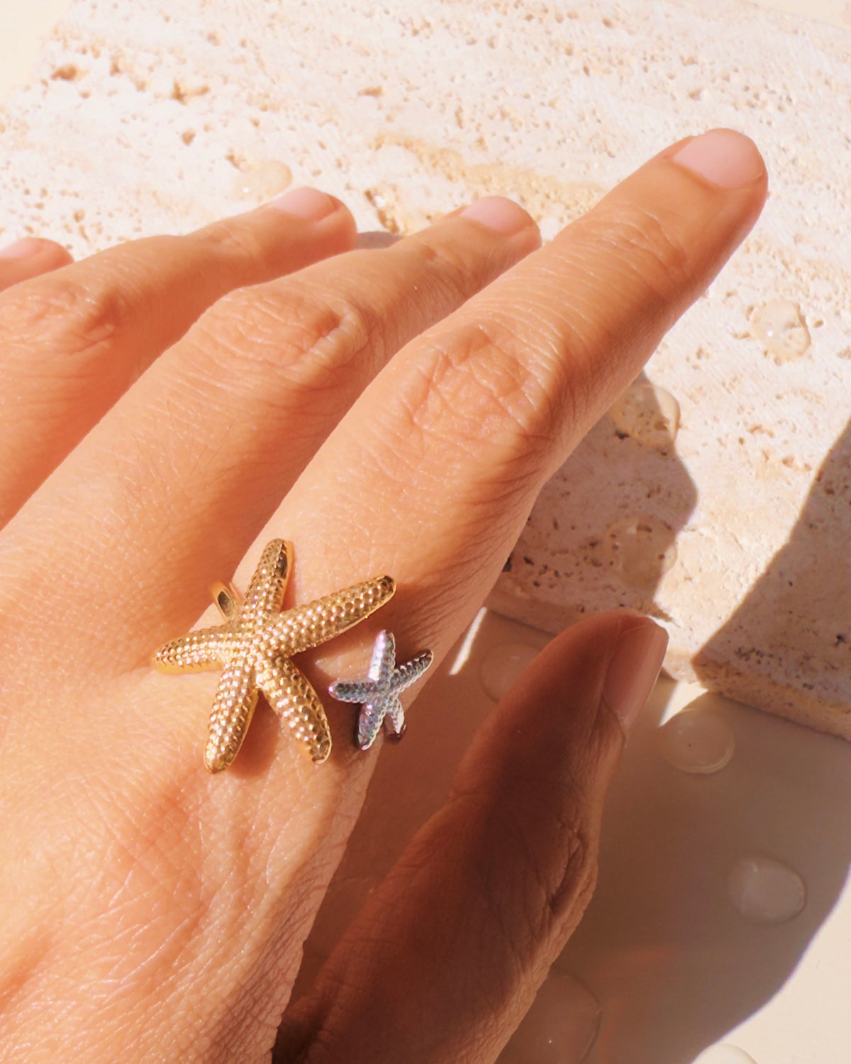 Pandora Two Tone Dual Top Head Textured Big Gold Small Silver Starfish Design Open Ring