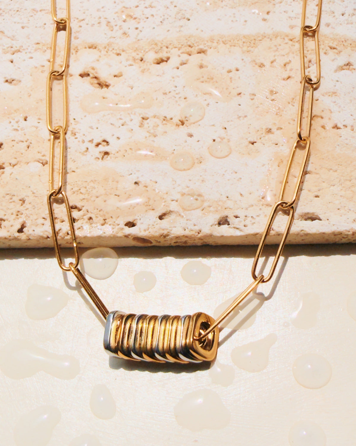 Sancia Two Tone Silver Gold Flat Rounded Square Bars Pendant Thin Big Paperclip Chain Necklace