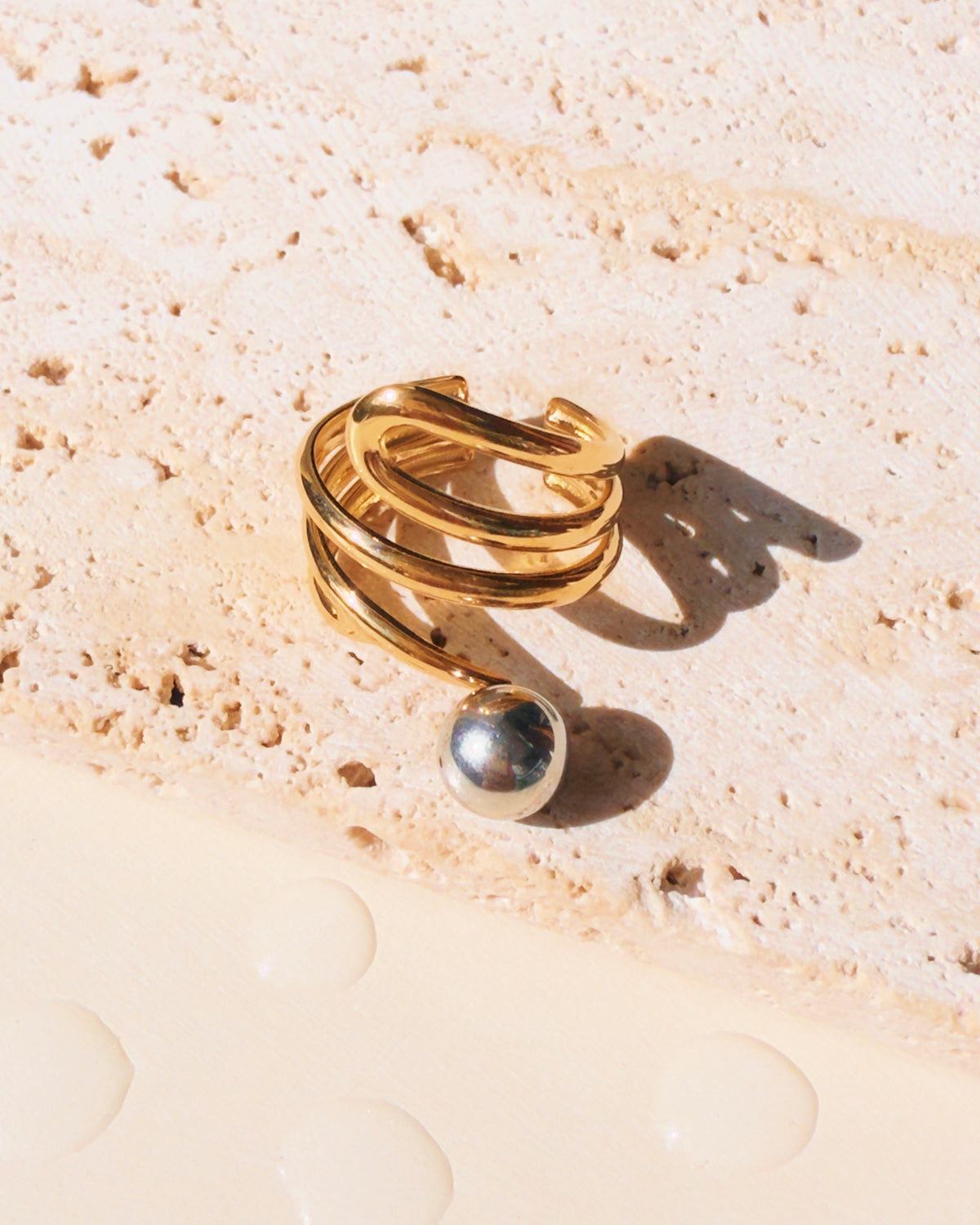 Remy Two Tone Multi Layer Coil Design Silver Ball Top Head Gold Open Ring