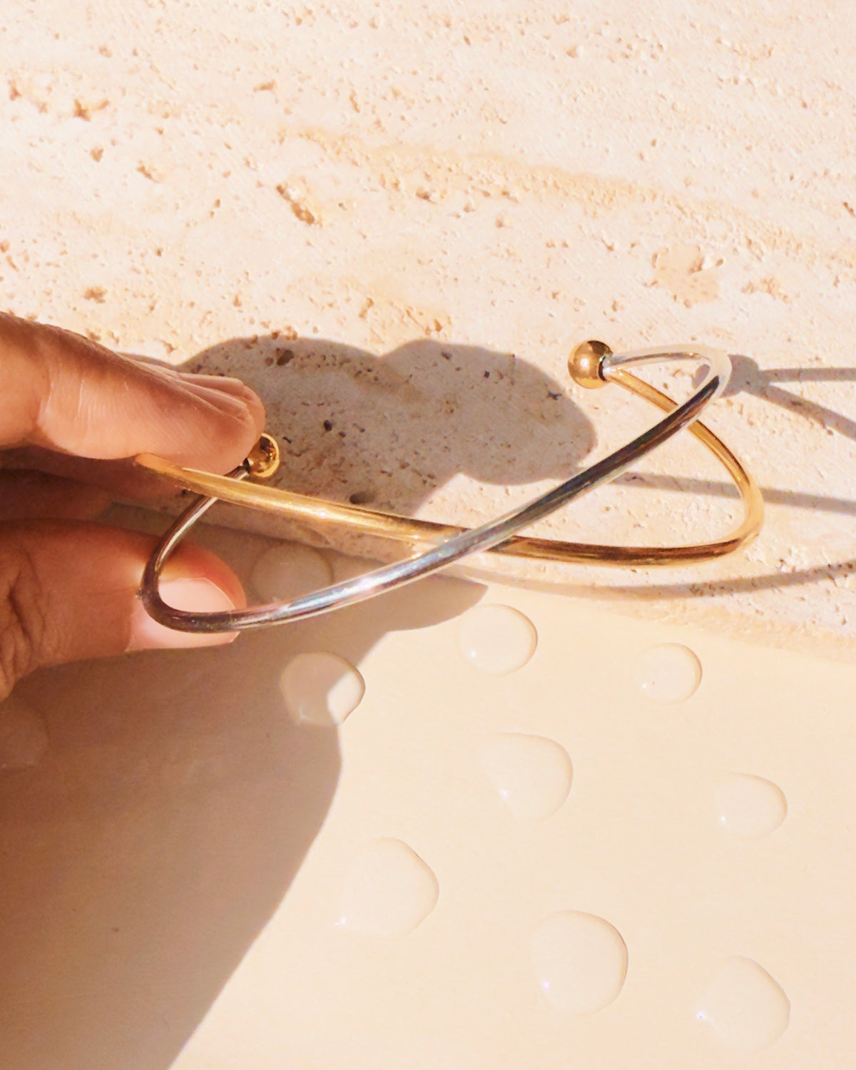 Pammy Two Tone Dual Ball Tip Thin Intertwined Silver Gold Design Bangle