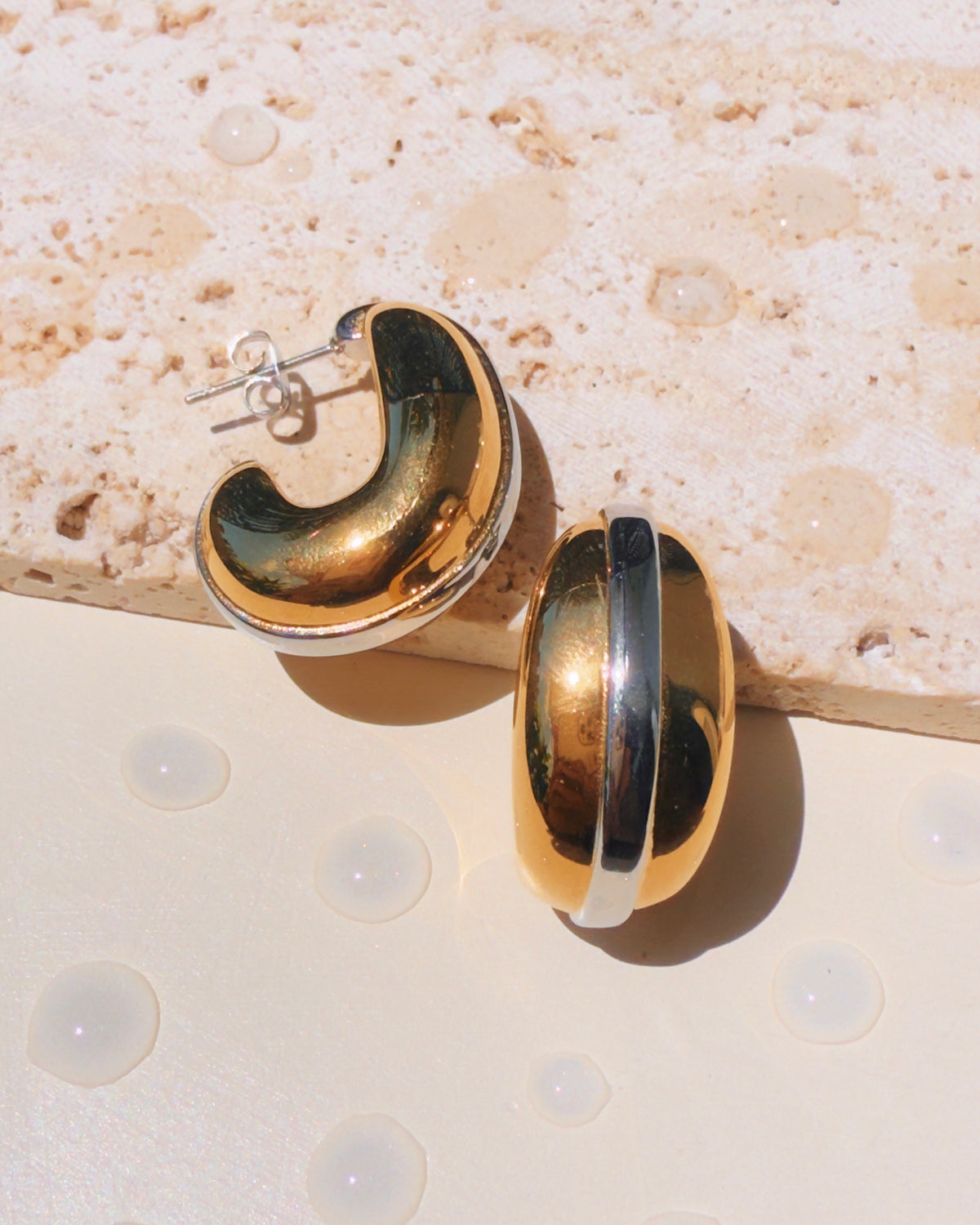 Marilyn (Two Tone) Smooth Chunky Gold Curved Waterdrop Silver Center Strip J-Shaped Hoops