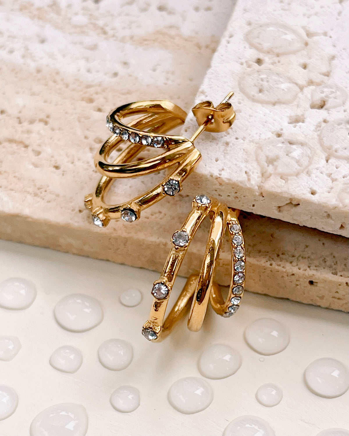 Stephanie Triple Hoops Zircon Paved Beaded Gold Layered Look Hoops
