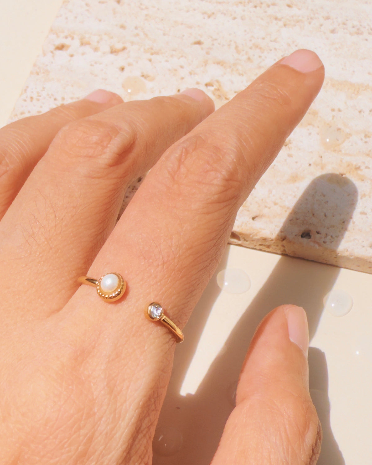 Maliyah (Bundle Set) 3 Rings Zircon Paved Heart Shaped Flower Dual Zircon Pearl Inlaid Set Top Head Dainty Minimalist Design Thin Open Gold Ring