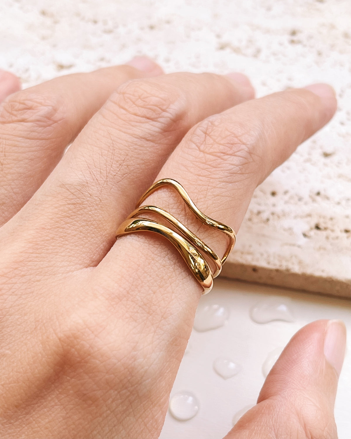 Gretchen (Gold) Triple Layer Water Ripple Design Wide Open Gold Ring