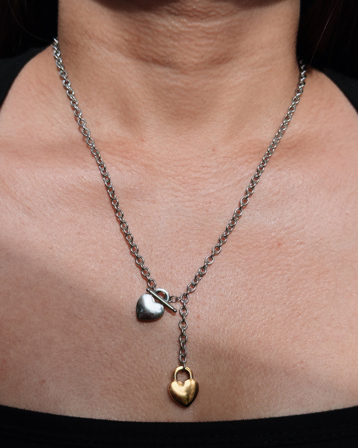 Isleen Two Tone Dual Silver Gold Heart Lock Pendants Silver Thick Cable Link Chain Necklace