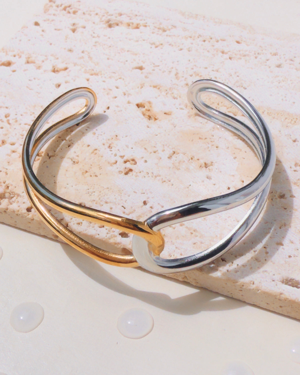 Marcella (Two Tone) Half Silver Half Gold Solid Hollow Knot Design Open Bangle Bracelet