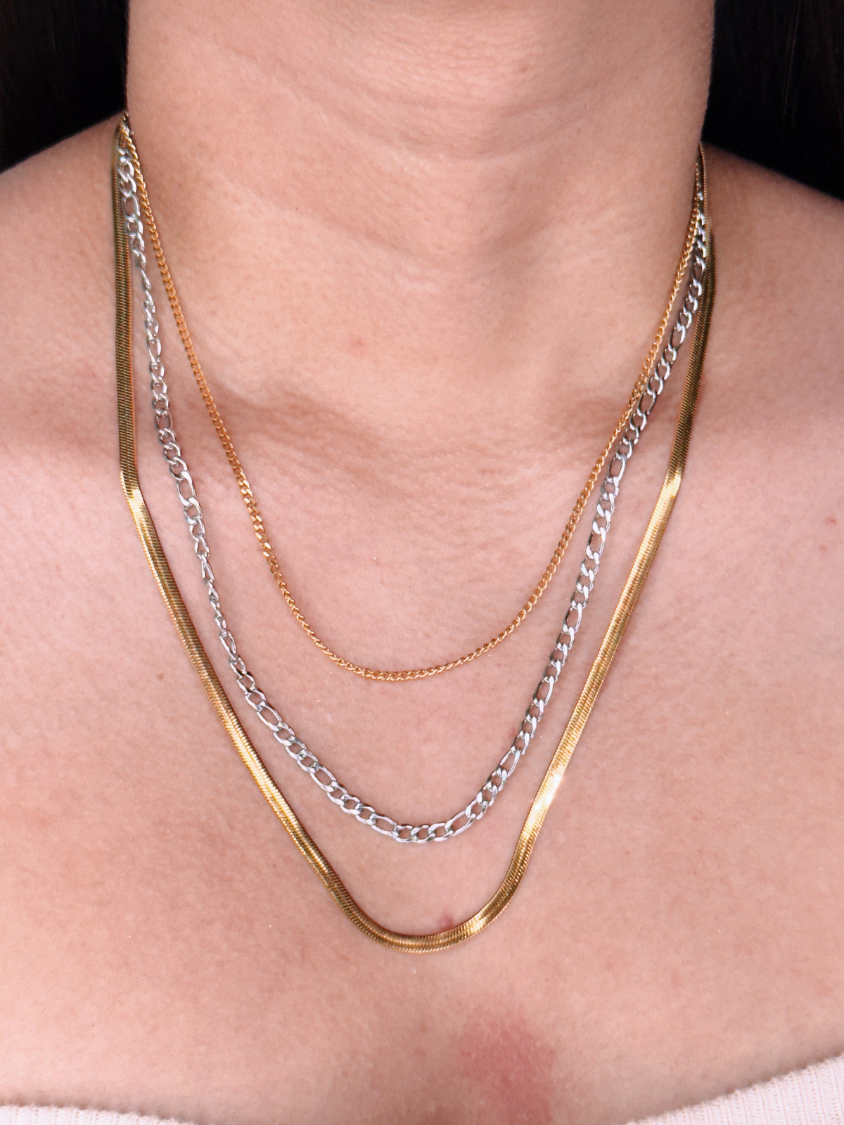 Mavis (Two Tone) Triple Layer Thin Curb Gold Chain Figaro Silver Chain Flat Wide Snake Gold Chain (Chain Only) Necklace