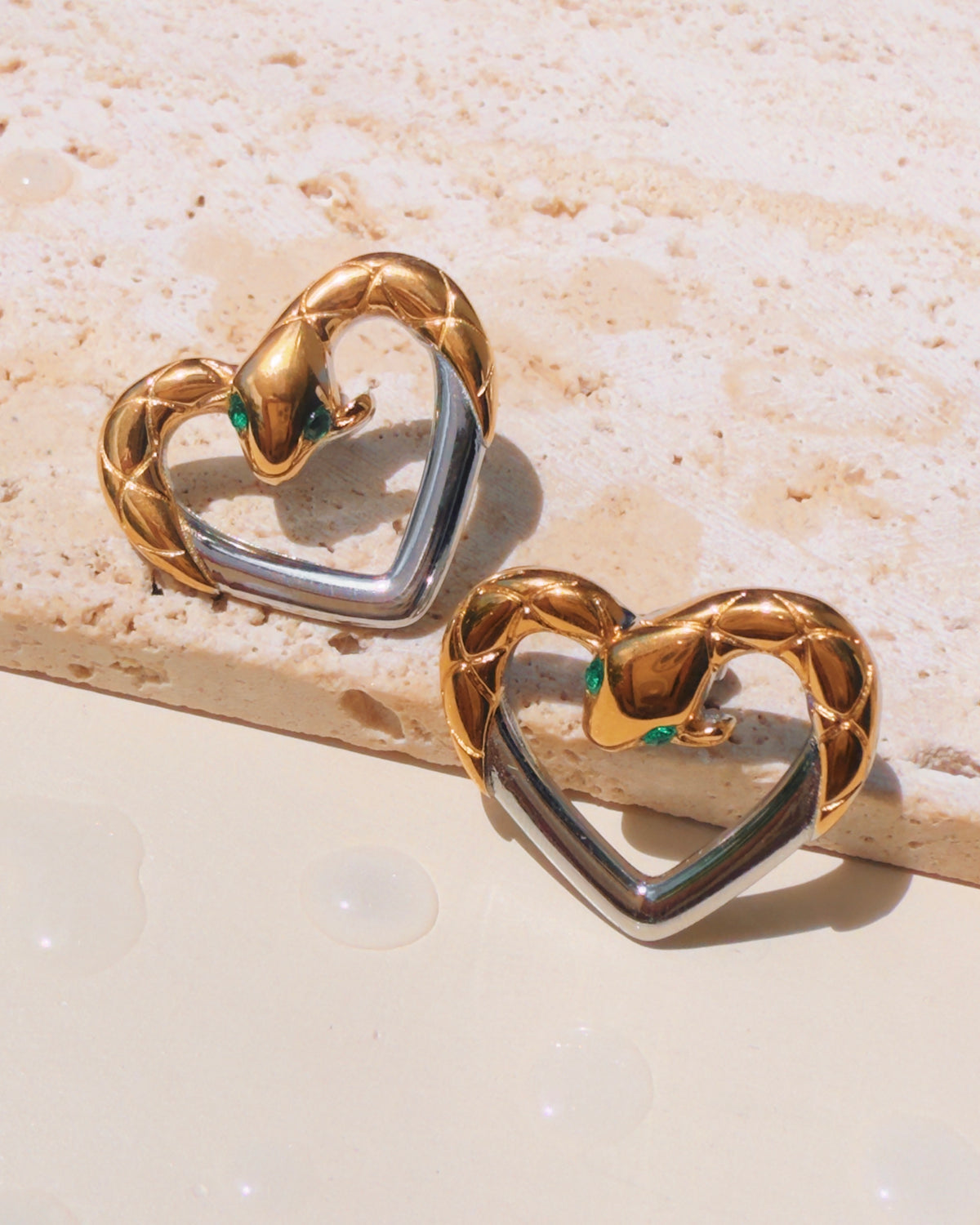 Mariella (Two Tone) Heart Shaped Half Silver Bottom Half Gold Top Carved Snake Green Zircon Eyes Design Stud Earrings