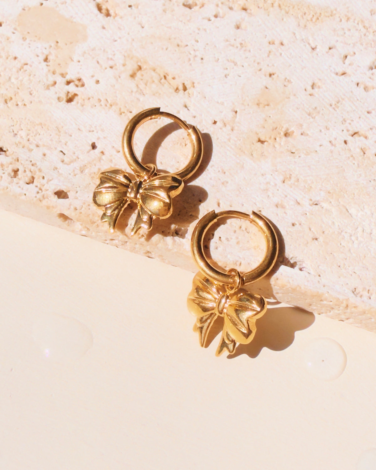 Ohara Round Huggies Solid Bow Ribbon Shaped Dangle Gold Drop Earrings