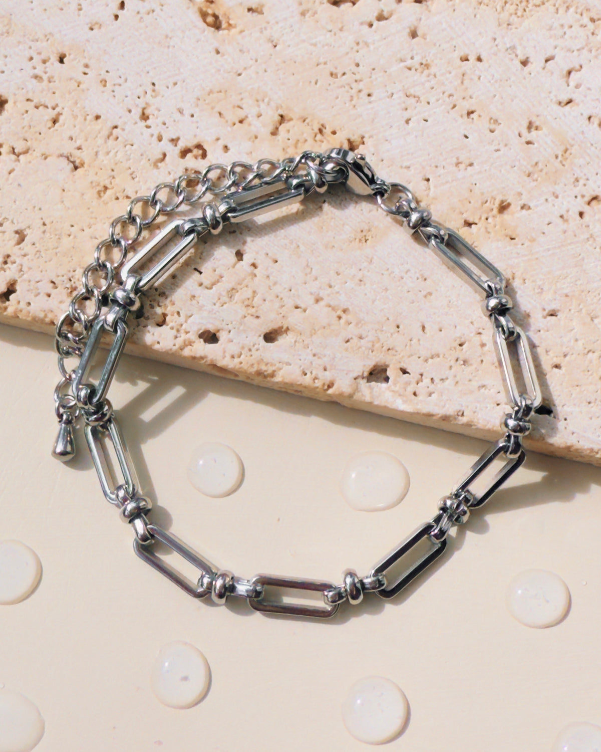 Lorraine (Silver) Rounded Flat Paper Clip Ball Beaded Link Chain Design Bracelet